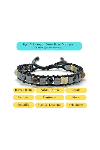 Sertifikalı Siyah Akik - Kaplan Gözü - Sitrin - Obsidyen 6mm Doğal Taş Makrome Bileklik Çok Renkli