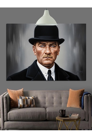 Şapkalı, Mustafa Kemal Atatürk Portresi Dekoratif Kanvas - Mdf Ahşap Tablo
