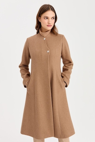 Broş Düğme Detaylı Ara Boy Kaban Taba-taba Taba