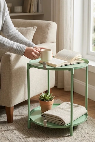 Çift Tepsili Katlanır Orta Yan Yuvarlak Sehpa Metal Ayak - Modern Sehpa 50cm 44 Cm Tepsi Deri Kulplu Mint Yeşili