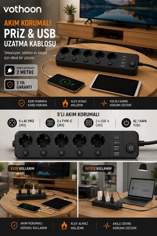 Akım Korumalı 5 Li Priz 2xusb 2xtype-c Çıkış Akım Koruma Çoklu Priz Çoğaltıcı Anahtarlı Ftr-31 Siyah 0