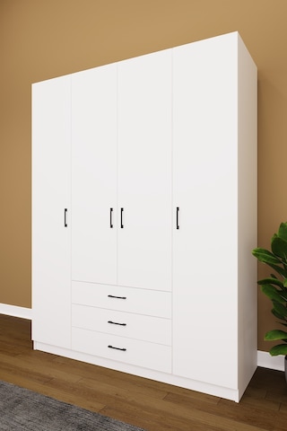 Asra Trend 4 Kapaklı Gardırop G-02 %100 MDF 3 Çekmeceli Fonksiyonel Elbise Dolabı Beyaz