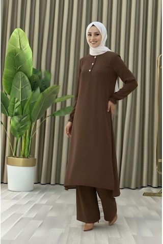 Tesettür İkili Takım Uzun Tunik Bol Paça Pantolon 4006-kahve Kahverengi