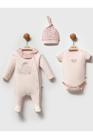 Moi Noi Baby Moi Noi 3lü Şapkalı Baskılı 0-3 Ay Tulum - Pembe