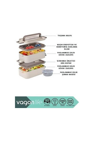 Bento 2000ml Lunchbox 2 Katlı 3 Bölmeli Mini Kaseli Çelik Sefer Tası Yemek Kutusu Beyaz Bakır