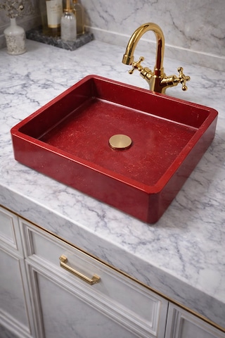 Mermer Desenli Tezgah Üstü Kare Model Taş Lavabo 45 X 45 Cm Bordo