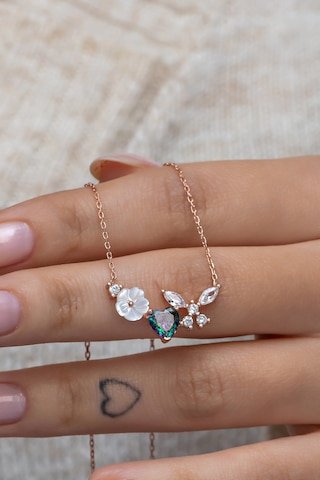 925 Ayar Gümüş Manolya Çiçeği Mistik Topaz Taşlı Kalp Yusufcuk Kolye Rose Gold