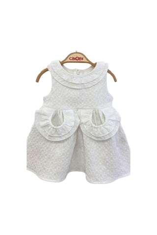 Çikoby Kız Bebek Cep Yaka Fırfırlı Beyaz Elbise-13881 Beyaz