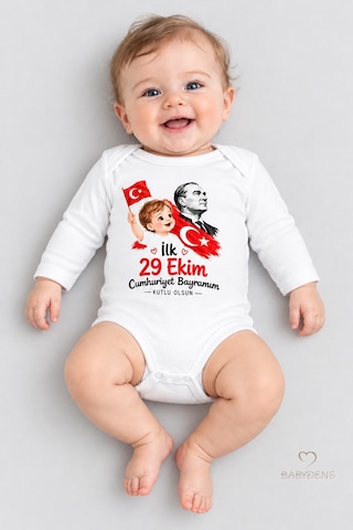 Babyden's İlk 29 Ekim Cumhuriyet Bayramım Baskılı Bebek Çıtçıtlı Body Uzun Kollu %100 Pamuk Unisex Zıbın Badi Beyaz - Kırmızı