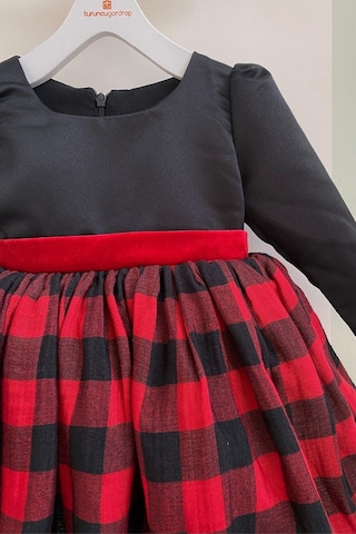 Altı Ekoseli Uzun Kol Bebek Elbise Kırmızı Doğum Günü Kırmızı