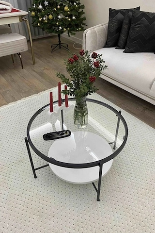 Nordic Orta Sehpa Temperli Cam 75 Cm Demonte Çizilmez Kırılmaz Metal Çerçeve Raflı Minimalist Sehpa - Beyaz Beyaz