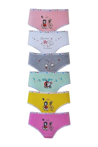 Tutku İç Giyim Baskılı Likralı Kız Çocuk Slip Külot 6'lı - Çok Renkli