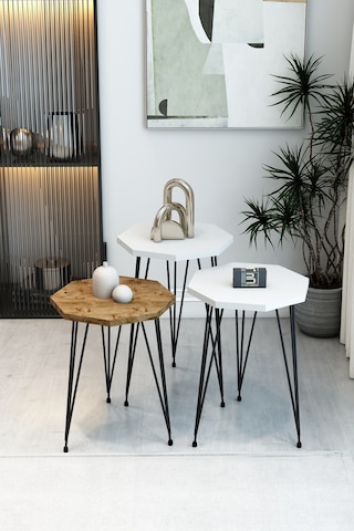 3'lü Sekizgen Zigon Sehpa Seti - Siyah Metal Ayaklı, Modern & Şık Yan Sehpa, Dayanıklı Salon Ofis Beyaz Atlantik Çam