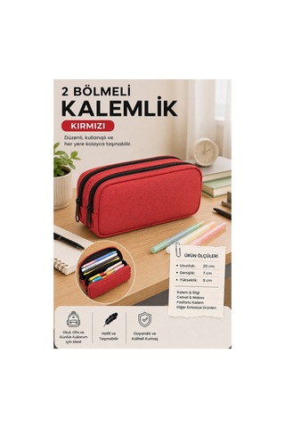Kırmızı Bez Kalemlik 1 Adet Stilo Kl22 İki Bölmeli Fermuarlı Bez Kalemlik Kutusu Çocuk Okul Kalem Makyaj Kutusu