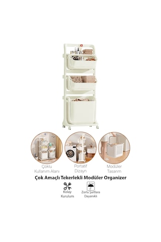 Banyo Mutfak Çocuk Odası Düzenleme Raf Çok Amaçlı Tekerlekli Modüler Organizer Sepet Beyaz