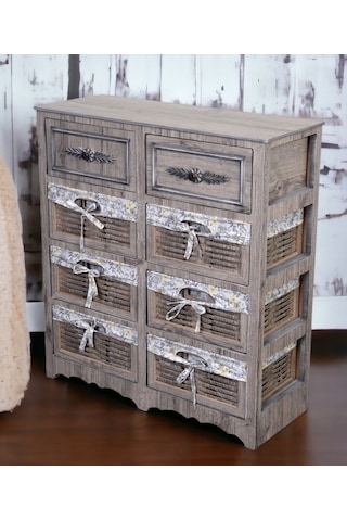 Ahşap 8 Çekmeceli Hasır Görünümlü Sebzelik Rustik