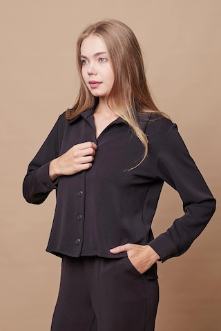 Kadın Şık Hafif Likralı Modal Kumaş Yakalı Uzun Kol Yanları Yırtmaçlı Gömlek Pantolon İçin Jument 49050 -siyah Siyah