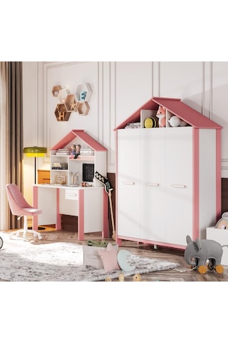 Meltem Kids Cozy Pembe Çocuk Odası Üç Kapılı Dolap