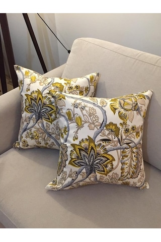 Finezza Gardens Çiçek Baskılı Pamuk Kumaş Krem Yeşil Kırlent 45X4