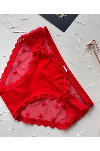 Arya Japon Style Arkası Tül Cut-out Dantel Detaylı Cheeky Külot/s Kırmızı