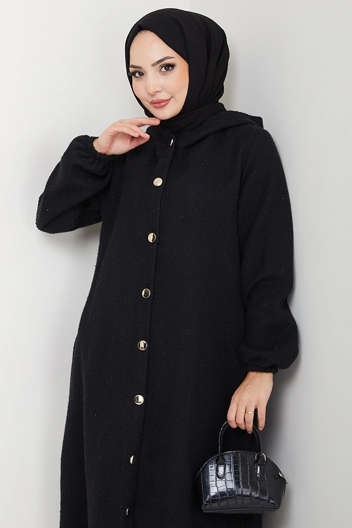 Çizgi Detay Kapüşonlu Kaşe Kap 1634 - Siyah Siyah