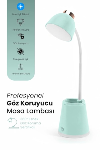Göz Korumalı Led Masa Lambası Mavi Işık Filtreli, 4 Işık Modlu, Telefon Tutuculu, 360 Esnek Gövde Turkuaz