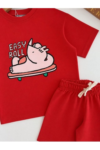 Magu Erkek Çocuk Pamuklu Gergedan Baskılı Kırmızı T-shirt Şort Takım