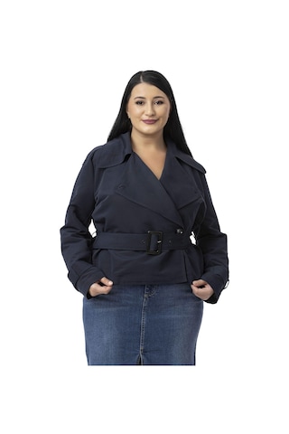 Büyük Beden Mono Yaka Kemerli Astarlı Kısa Lacivert Trençkot Lacivert