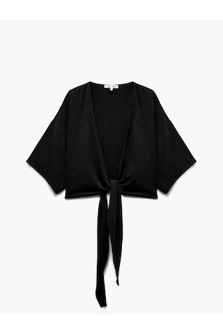 Koton Kısa Kollu Kruvaze Yaka Bağlama Detaylı Oversize Kimono Siyah 5sal50003ıw Siyah