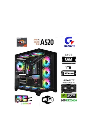 Xaser Giga X50 R7-5700X 32 GB 1 TB M.2 Nvme SSD 8 GB RTX5060 Free Dos Oem Paket Masaüstü Oyuncu Bilgisayarı