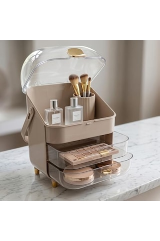 Premium Çekmeceli Ve Kapaklı Taşınabilir Makyaj Ve Kozmetik Düzenleyici, Pembe Ve Milky Coffee Renk Seçenekleri, Altın Aksesuarlı Sütlü Kahve Açık Kahverengi