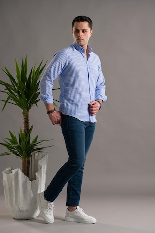 Dorss Slimfit Pamuklu Çizgili Yaka Düğmeli Uzun Kol Erkek Gömlek Mavi