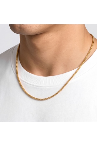 Premium Parlak Ve Şık Hasır Örgü Erkek Çelik Kolye 2mm 55cm 3183eck040 - Gold Renk Altın