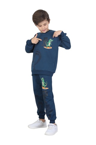 Erdem Kıds Erkek Çocuk Dinozor Baskılı Pijama Takımı İki İplik Eşofman Takımı Okul İkili Takım Parlament Mavi Parlament Mavi