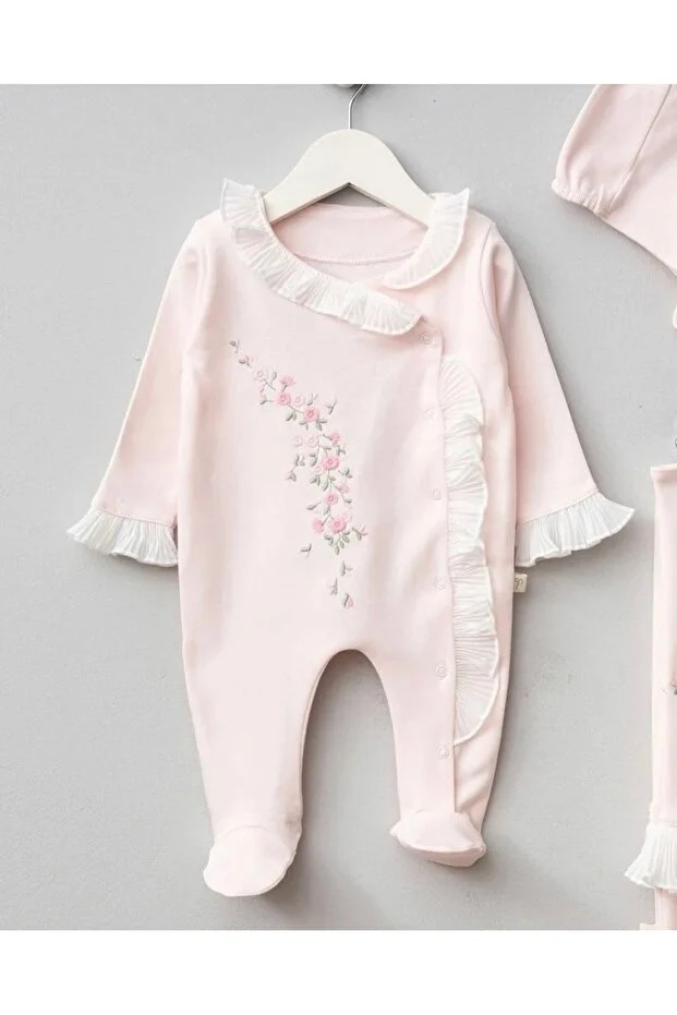 Momercy Çiçek Nakışlı Kız Bebek Tulumlu Battaniyeli 3'lü Set Hastane Çıkışı Pembe