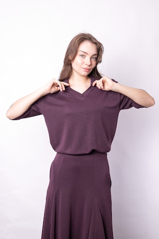 Kadın Yumşak Dokulu Esnek Kumaş V Yaka Yakalı Düşük Omuzlu Dirsek Boy Kollu Oversize Bluz-bordo Bordo