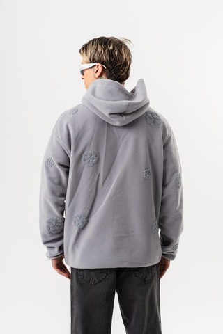 Respire Erkek Süzene Nakış Detaylı Kapüşonlu Oversize Polar Hoodie Gri