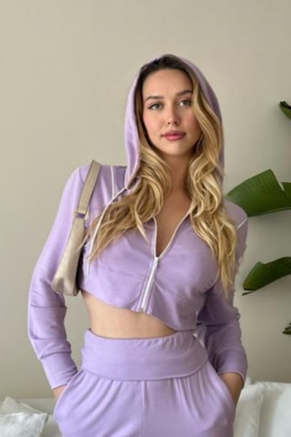 Penyebizden Kadın Viskon Kapşonlu Oversize Crop Sweatshirt-lila