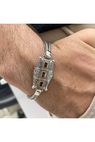 Simurg Jewellery 925 Ayar Gümüş Kırmızı Taşlı Erkek Bileklik