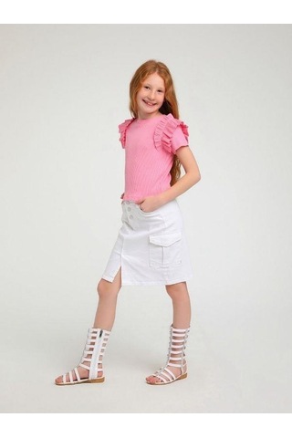 Kız Çocuk Pamuklu Bel Ayar Lastikli Dar Kot Beyaz Etek-14122 Beyaz