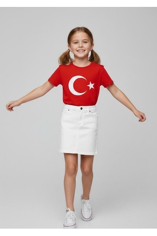 Nacar Store Kız Çocuk 23 Nisan 29ekim Gösteri Kıyafeti Kostüm Tütü Etek Kısa Kol Çiçek Desenli T-shirt Takım001 Kırmızı-beyaz