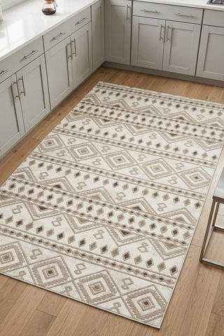 Raschel Carpet Premium Yıkanabilir Leke Tutmaz Mutfak Halısı Etnik Desen Bej Özel Seri Kaymaz Taban Halı Çok Renkli