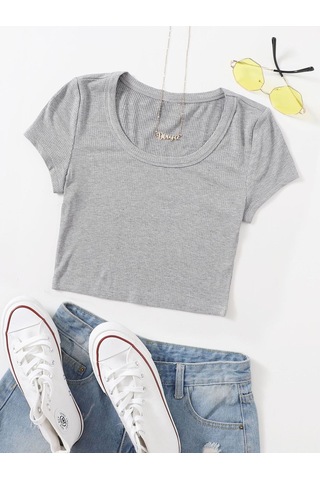 U Yaka Gri Renk Fitilli Kısa Kollu Regular Crop Top Bluz Gri