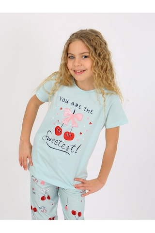 Kız Çocuk Kısa Kollu %100 Pamuklu Pijama Takımı Cherry Mint