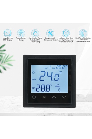 Yaozixa 1828b Siyah Akıllı Panelli Termostat, Led Dokunmatik Ekran, Ntc Sensörlü, Ev Radyant Isı Kontrolü, Zemin Isıtıcı Regülatörü