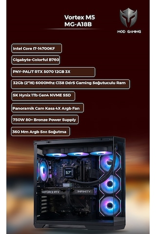 Mod Gaming Apex i7-14700KF 32 GB 1 TB SSD RTX5070 Free Dos Oem Paket Masaüstü Oyuncu Bilgisayarı