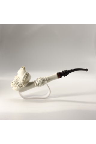 El Oyması Lületaşı Korsan Figürlü Uzun Pipo Kuru Kafa Kabartmalı, Akrilik Ağızlıklı Meerschaum