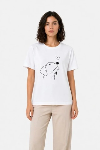 Efnaz Style Köpek Figürlü Minimal Baskılı Tişört Kısa Kol Yazlık T-shirt - Beyaz