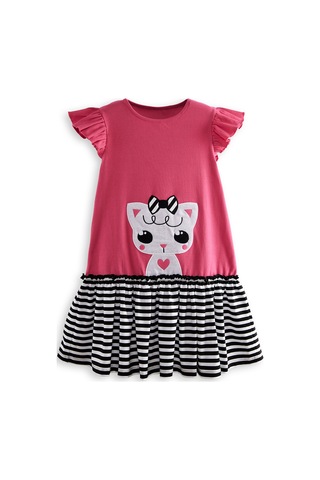 Denokids Kedicik Kız Çocuk Fuşya Yazlık Elbise Renkli Çok Renkli