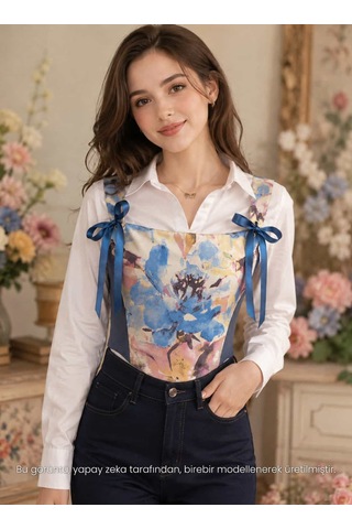 L'aura Corset Mavi Çiçek Desenli Çift Taraflı Bayan Korse